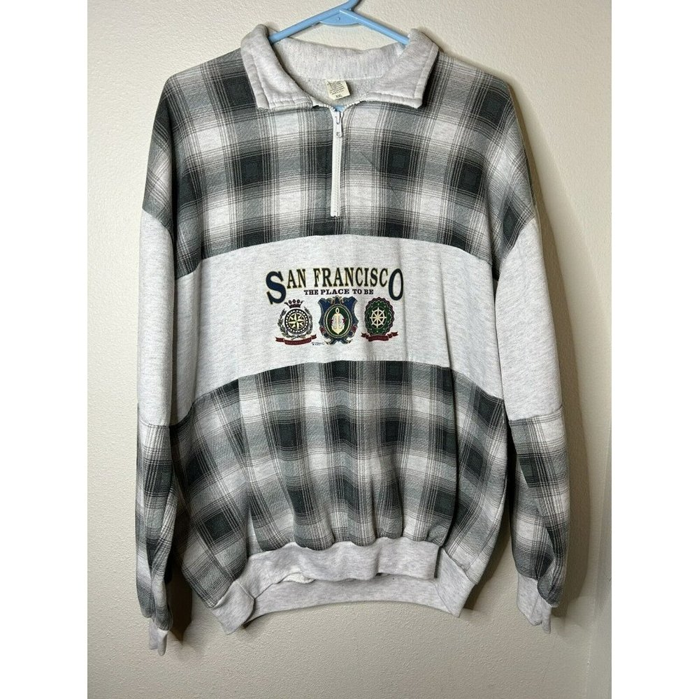 San Francisco The Place To Be 1994 Sweater Gray Plaid 1/4 Zip Size XXL Grey